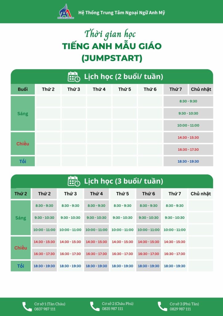 Hình 3: Lịch học tham khảo chương trình tiếng Anh mẫu giáo