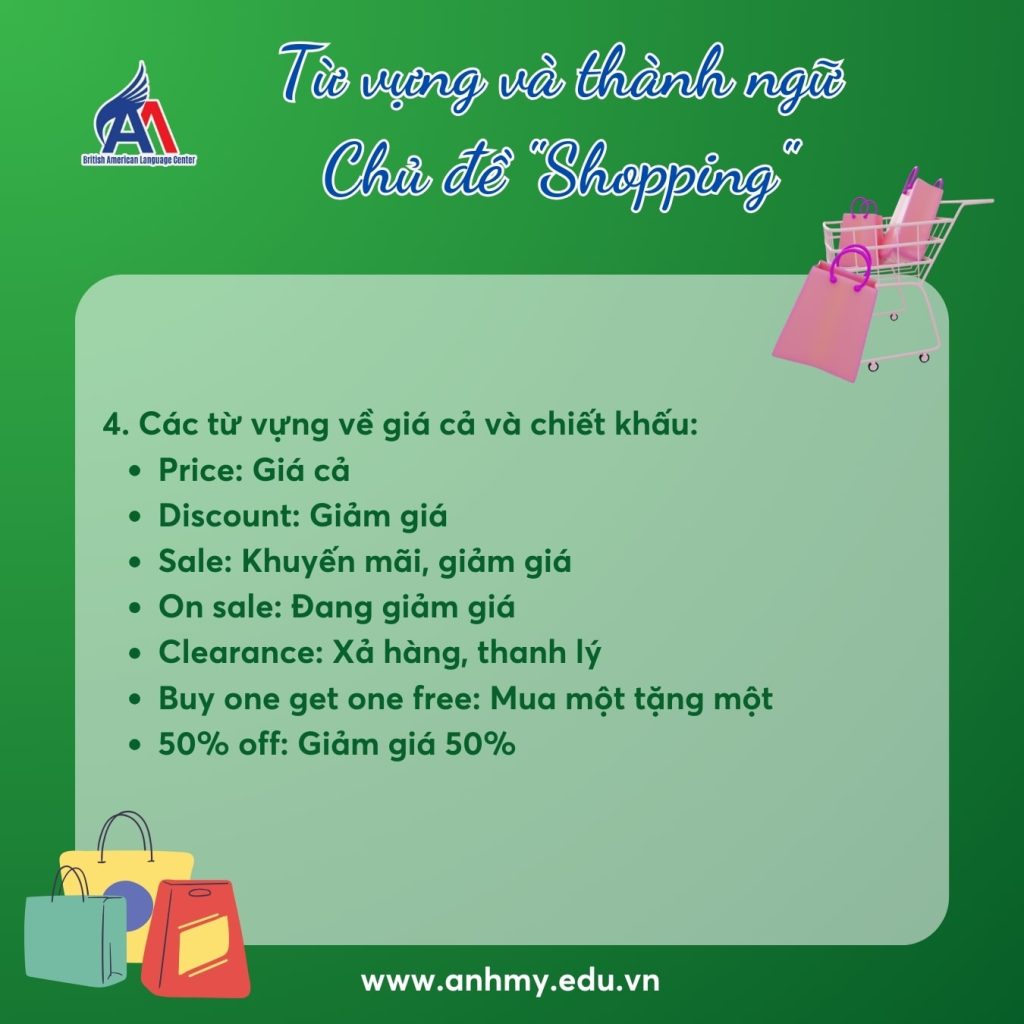 Hình 5: Từ vựng tiếng Anh chủ đề "shopping liên quan đến giá cả và chiếu khấu