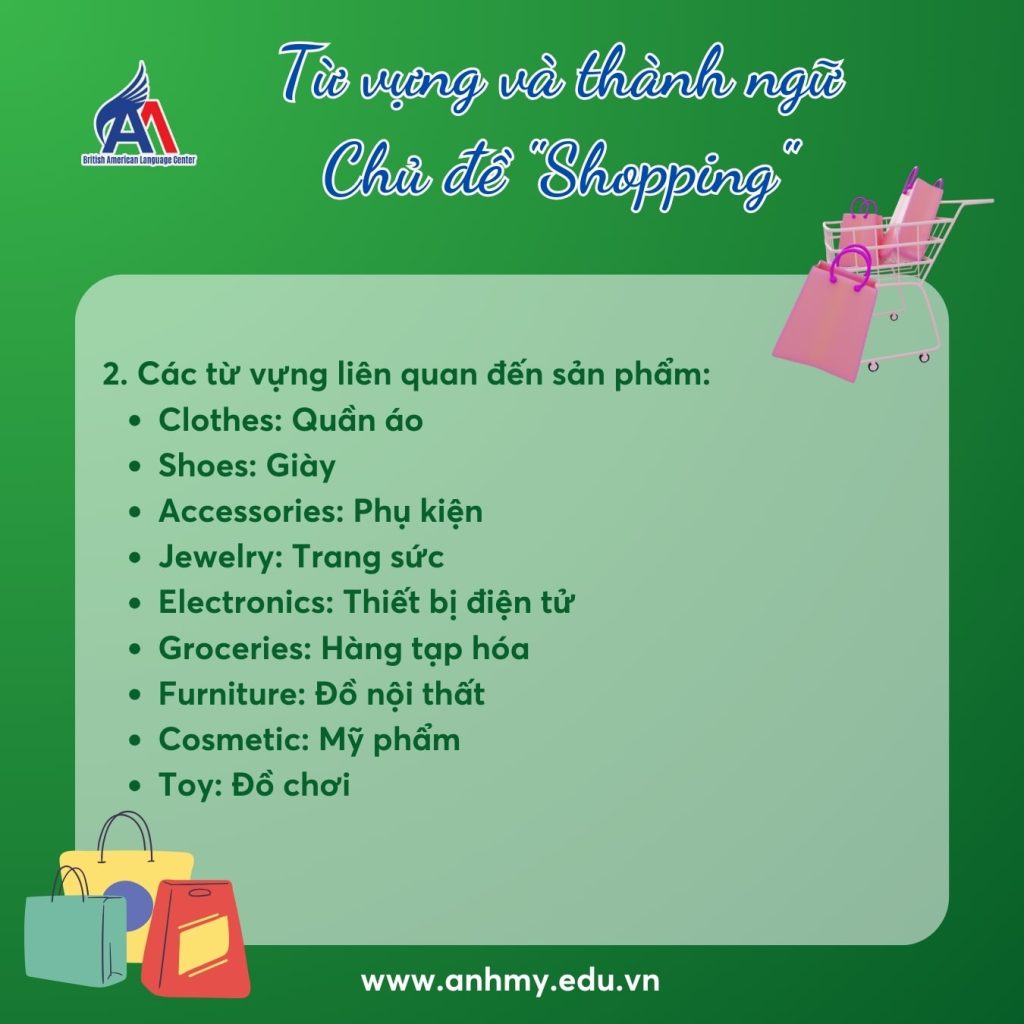 Hình 3: Từ vựng chủ đề shopping liên quan đến sản phẩm