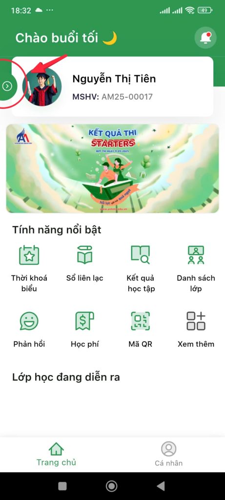 Hình 4: Truy cập vào mục cài đặt trong ứng dụng sau khi đăng nhập lần đầu