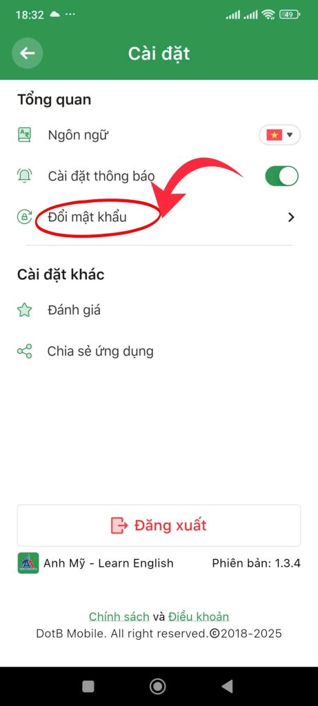 Hình 6: Chọn "Đổi mật khẩu"