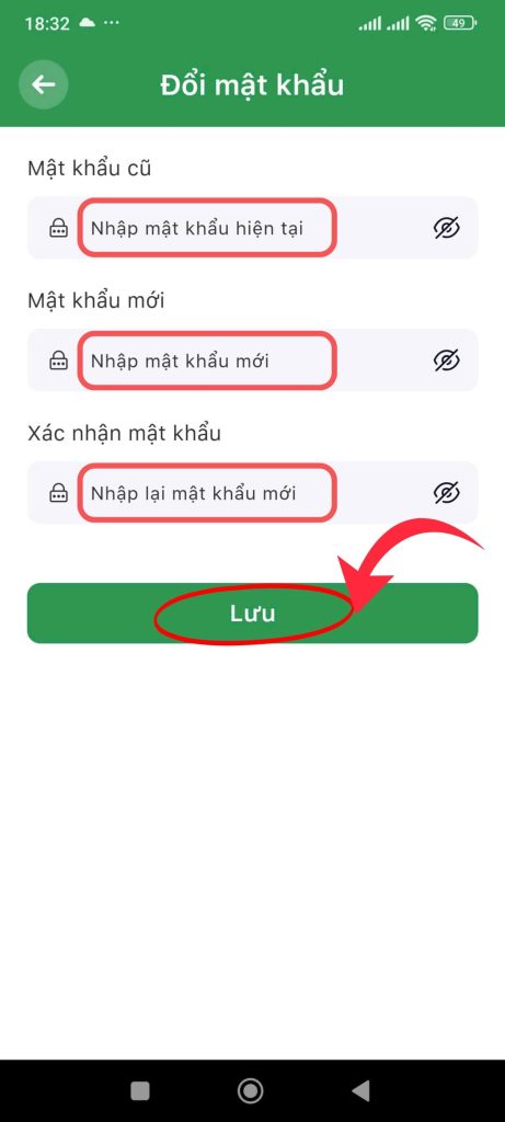 Hình 7: Thay đổi mật khẩu mới và nhấn lưu để hoàn tất