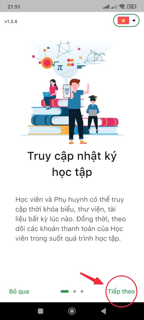 Hình 2: Mở ứng dụng Anh Mỹ - Learn English lên sau khi tải về máy và nhấn tiếp theo để bỏ qua các màn hình hướng dẫn