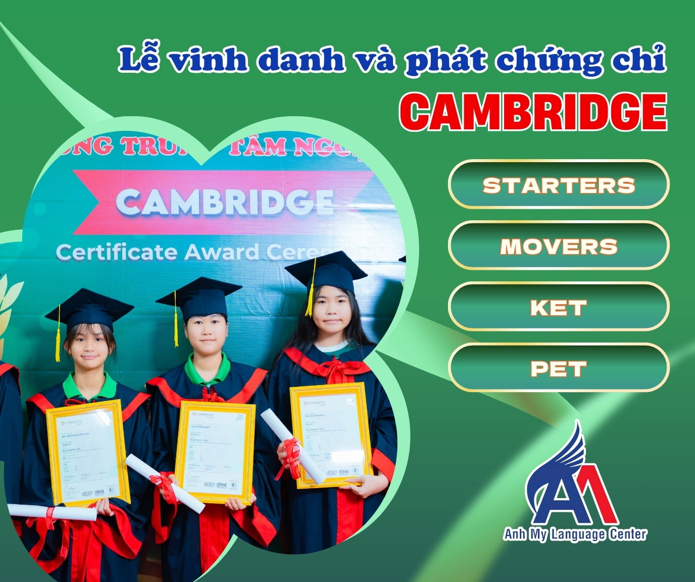 Lễ vinh danh và phát chứng chỉ Cambridge được tổ chức tại các khu vực Anh Mỹ Tân Châu, Anh Mỹ Châu Phú, Anh Mỹ Phú Tân, Anh Mỹ Hồng Ngự